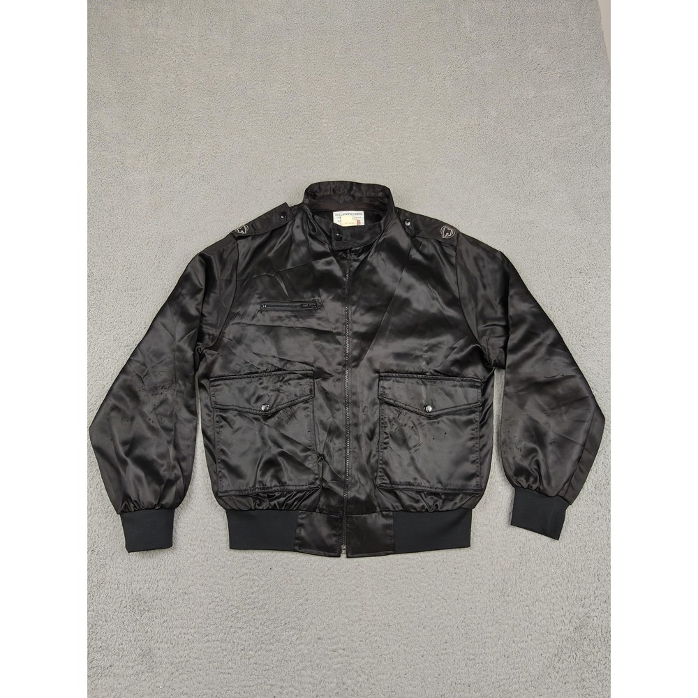 Vintage CAMCO Anvil Cases‎ Jacket Mens Large Black Satin Bomber Logo Made USA